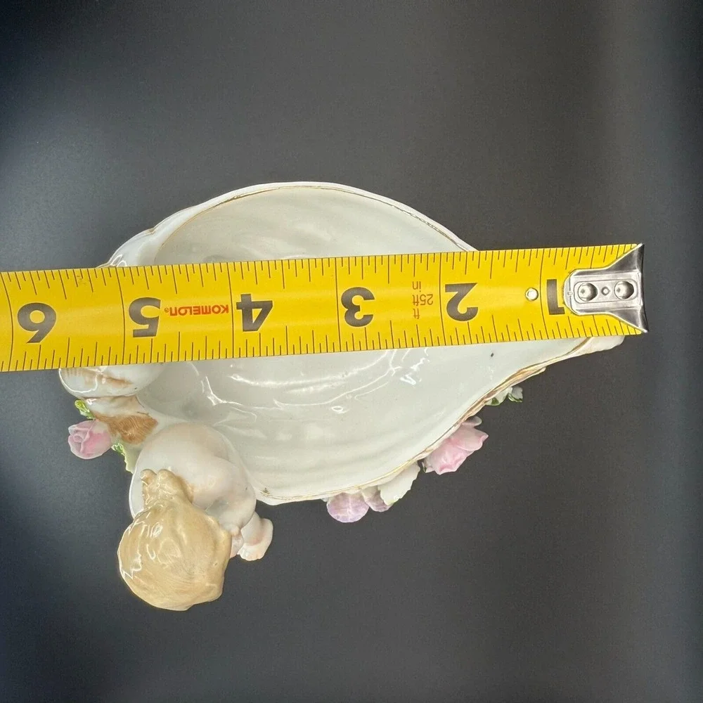 Vintage Cherub Angel Shell Porcelain Trinket‎ Pink Flower Dish Shabby Chic